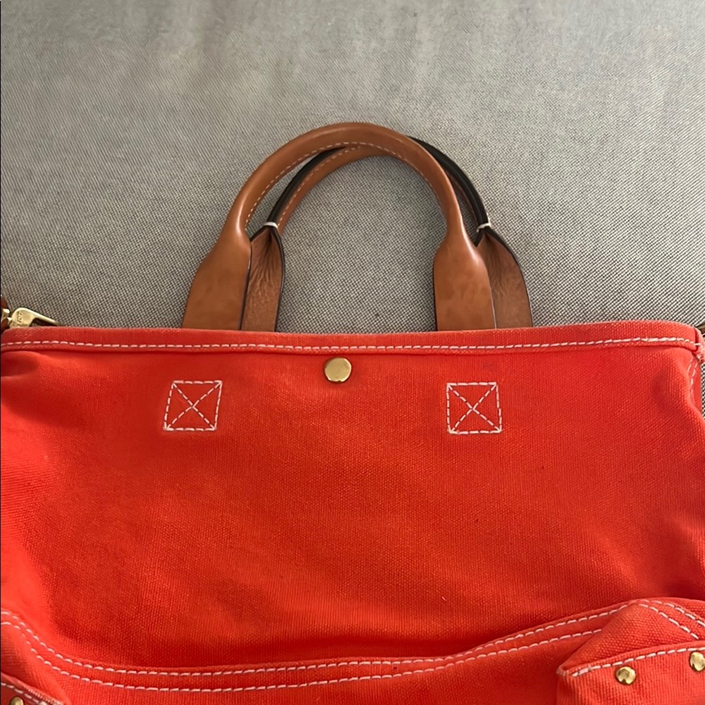 J. Crew montauk Orange Canvas Tote with Brown Leather Handles